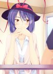  1girl blush covering_mouth hands_together hat looking_at_another nagae_iku ogami_kazuki purple_hair red_eyes revision short_hair solo touhou 