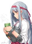  1girl 2014 blush brown_eyes cup dated hairband happa_(cloverppd) highres holding japanese_clothes kantai_collection long_hair muneate open_mouth shoukaku_(kantai_collection) silver_hair simple_background solo steam teacup 