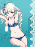  1girl ban bare_shoulders blonde_hair blue_bra blue_eyes blue_panties bow bow_panties bra drill_hair hair_ribbon long_hair navel panties ribbon sitting small_breasts smile solo twintails underwear underwear_only unfinished 