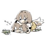  &gt;_&lt; 2girls airplane animal_ears brown_hair dog_ears dog_tail fangs hyuuga_(kantai_collection) ise_(kantai_collection) japanese_clothes kantai_collection multiple_girls on_person pale_color pleated_skirt ponytail sandals seaplane skirt sweat tail tail_wagging tears torihamu white_background 