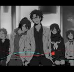  closed_eyes family glasses hair_ornament hairclip kagerou_project kano_shuuya kido_tsubomi labcoat long_hair nyifu scarf school_uniform serafuku short_hair sleeping tateyama_ayaka tateyama_ayano tateyama_kenjirou younger 