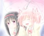  2girls :d akemi_homura black_hair bow closed_eyes hair_ribbon hairband kaname_madoka long_hair looking_at_another mahou_shoujo_madoka_magica multiple_girls open_mouth pink_hair ribbon school_uniform shared_umbrella short_hair short_twintails smile teina twintails umbrella violet_eyes yuri 