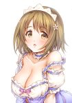  1girl bare_shoulders blush breasts brown_eyes brown_hair cleavage flower_ornament hair_ornament idolmaster idolmaster_cinderella_girls large_breasts mimura_kanako open_mouth ribbon short_hair takahata_yuki 