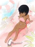  1girl barefoot black_hair breasts dark_skin drink goggles goggles_removed green_eyes hair_over_one_eye halter_top halterneck navel nazo_no_kanojo_x poolside short_hair sideboob sitting solo sweat sweets tan tanline tim_loechner urabe_mikoto 