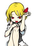  1girl adapted_costume bare_shoulders blonde_hair detached_sleeves fang hair_ribbon hand_on_knee kagehito looking_at_viewer open_mouth red_eyes ribbon rumia short_hair short_sleeves sitting slit_pupils touhou vest white_blouse 