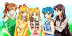  5girls aino_minako bare_shoulders bishoujo_senshi_sailor_moon black_cat black_hair blonde_hair blouse blue_background blue_eyes blue_hair bow brown_hair cat collarbone crescent_moon crossed_arms double_bun dress_shirt earrings facial_mark finger_to_face gradient gradient_background green_background hair_bobbles hair_ornament half_updo hand_on_hip hand_on_shoulder hino_rei jewelry kino_makoto long_hair long_sleeves luna_(sailor_moon) mizuno_ami moon multiple_girls one_eye_closed open_mouth parted_lips ponytail profile red_eyes shirt short_hair sleeveless standing star starry_background suspenders sweater t_growing tsukino_usagi twintails two-tone_background violet_eyes 