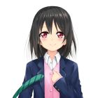  1girl black_hair blazer blush hair_down kumomiya looking_at_viewer love_live!_school_idol_project necktie necktie_removed red_eyes school_uniform short_hair smile solo yazawa_nico 