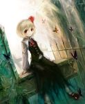  1girl backlighting blonde_hair butterfly hair_ribbon highres long_sleeves looking_at_viewer overgrown red_eyes ribbon rumia shirt sitting skirt skirt_set smile solo spark621 touhou vest vines 