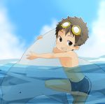  1boy brown_eyes brown_hair dolphin goggles goggles_on_head kyouyuu original spiky_hair swim_trunks water 