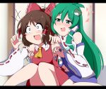  2girls :d armpits ascot bare_shoulders blush bow breasts brown_hair bwell crying crying_with_eyes_open detached_sleeves flying_teardrops frog_hair_ornament green_eyes green_hair hair_bow hair_ornament hair_tubes hakurei_reimu heart knees_together_feet_apart kochiya_sanae laughing legs letterboxed long_hair multiple_girls navel o_o open_mouth sarashi sitting skirt skirt_set smile snake_hair_ornament tears tickling touhou very_long_hair vest wariza wide-eyed 