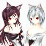  2girls absurdres animal_ears bare_shoulders blush breast_hold breasts brown_hair cleavage detached_sleeves dress highres imaizumi_kagerou inubashiri_momiji japanese_clothes jewelry kimono large_breasts long_hair looking_at_viewer multiple_girls open_mouth p-yama red_eyes short_hair silver_hair simple_background touhou white_background wolf_ears 