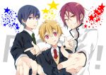  3boys :p blonde_hair blue_eyes blue_hair free! hazuki_nagisa highres male matsuoka_rin multiple_boys nanase_haruka_(free!) one_eye_closed open_mouth red_eyes sharp_teeth short_hair smile tongue tongue_out yamaoka_(rm_nun) 