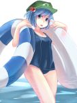  1girl blue_hair blush hair_bobbles hair_ornament hat highres innertube kawashiro_nitori namauni open_mouth school_swimsuit short_hair solo swimsuit touhou twintails water 