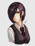  1girl black_hair bust frown hair_over_one_eye highres kirishima_touka necktie ranh red_eyes short_hair signature simple_background solo tokyo_ghoul uniform 