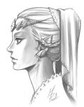  1girl braid earrings eyelashes face french_braid jewelry lips long_hair marco_paal monochrome nose pointy_ears princess_zelda profile signature solo the_legend_of_zelda tiara veil 