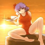  1girl breasts curry food hair_ornament large_breasts plate purple_hair red_eyes red_swimsuit shirosato sitting smirk solo spread_legs sunset swimsuit touhou yasaka_kanako 