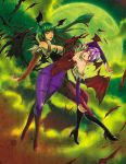  2girls bare_shoulders bat bat_print bat_wings boots breasts bridal_gauntlets cleavage demon_girl elbow_gloves flat_chest gloves green_eyes green_hair green_moon head_wings high_heel_boots high_heels jeanne_virak knee_boots large_breasts leotard lilith_aensland long_hair morrigan_aensland multiple_girls pantyhose print_legwear purple_hair short_hair succubus unconscious vampire_(game) wings 