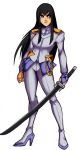  1girl alternate_costume black_hair blue_eyes clenched_hand eyebrows fingerless_gloves full_body gloves high_heels highres kill_la_kill kiryuuin_satsuki long_hair pants shining_dazzler shoulder_pads single_glove solo standing sword thick_eyebrows weapon 