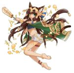  1girl :3 :d animal_ears anklet armlet bare_shoulders barefoot bastet_(p&amp;d) bracelet brown_hair cat_ears cat_tail cross-laced_legwear dark_skin egyptian egyptian_clothes fang full_body green_eyes hair_ornament headpiece holding instrument jewelry long_hair looking_back mochi_(shipir) musical_note navel open_mouth outline puzzle_&amp;_dragons simple_background skirt smile solo tail white_background white_skirt 