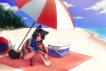  1girl america american_flag animal_ears barefoot beach beach_towel beach_umbrella dog_ears dog_tail fourth_of_july monorus ocean original short_hair sitting smile solo tail 