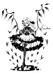  1girl absurdres character_name corset dress flandre_scarlet frills greyscale hat heart highres looking_at_viewer mirimo monochrome puffy_sleeves short_hair smile solo striped striped_legwear touhou wings 