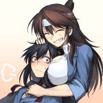  2girls between_breasts black_hair blush breasts brown_hair gradient gradient_background grin hand_on_head head_between_breasts headband hetza_(hellshock) hug large_breasts long_hair multiple_girls original red_eyes school_uniform smile 