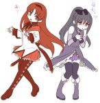  2girls akemi_homura akemi_homura_(cosplay) bare_shoulders black_hair black_legwear boots cosplay costume_switch detached_sleeves hairband homu long_hair magical_girl mahou_shoujo_madoka_magica multiple_girls ponytail redhead sakura_kyouko sakura_kyouko_(cosplay) shinanoya_(satanicad) simple_background thigh-highs violet_eyes white_background zettai_ryouiki 