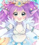  1girl :d animal armlet blue_background blue_eyes blush breasts cleavage collarbone coral elbow_gloves fish gloves hair_ornament head_fins jewelry leaning leaning_forward long_hair looking_at_viewer mermaid midriff monster_girl navel nkoooch open_mouth purple_hair puzzle_&amp;_dragons shell shell_bikini siren_(p&amp;d) skirt smile solo tiara underwater white_gloves 