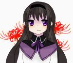  1girl akemi_homura black_hair bust dress flower funeral_dress hairband long_hair looking_at_viewer mahou_shoujo_madoka_magica mahou_shoujo_madoka_magica_movie mioko@tsuitta simple_background solo spider_lily spoilers violet_eyes white_background 