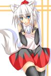  1girl :o animal_ears bare_shoulders black_legwear blush fingerless_gloves gloves hat highres inubashiri_momiji looking_away open_mouth paw_pose pom_pom_(clothes) red_eyes short_hair silver_hair solo tail tokin_hat touhou wolf_ears wolf_tail 