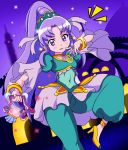  1girl alternate_form anklet arabian bracelet brooch choker cure_fortune happinesscharge_precure! headdress high_heels highres hikawa_iona instrument jewelry long_hair magical_girl pants pine_arabian ponytail precure purple purple_background purple_hair ring smile solo standing_on_one_leg tambourine violet_eyes watosonshi 