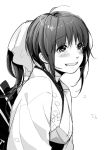  1girl blush grin hair_ribbon japanese_clothes kamiya_kaoru kimono long_hair monochrome ponytail ribbon rurouni_kenshin simple_background smile solo tears yumi_(konbutamago) 