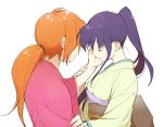  1boy 1girl blue_hair closed_eyes couple hand_on_another&#039;s_face himura_kenshin japanese_clothes kamiya_kaoru kimono long_hair orange_hair ponytail rurouni_kenshin simple_background smile tears yumi_(konbutamago) 