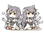  &gt;:&lt; 2girls alternate_hair_ornament animal_ears bare_shoulders cat_ears cat_tail clenched_hand detached_sleeves earrings fusou_(kantai_collection) japanese_clothes jewelry kantai_collection kemonomimi_mode multiple_girls nontraditional_miko purple_hair raised_hand red_eyes sitting smile tail torihamu wariza white_background yamashiro_(kantai_collection) 