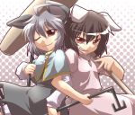  2girls animal_ears brown_eyes brown_hair capelet carrot crossed_arms dowsing_rod dress gem grey_dress grey_hair grin halftone halftone_background hammer inaba_tewi jewelry looking_at_viewer mouse_ears multiple_girls nazrin necklace one_eye_closed pendant pink_dress rabbit_ears red_eyes revision short_hair smile smirk teeth touhou yoshi_tama 