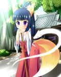  animal_ears architecture black_hair blush broom east_asian_architecture fox_ears highres hitodama japanese_clothes long_hair miko original outdoors ponytail ribbon smile sunlight tail tree violet_eyes 