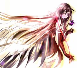  1girl akemi_homura akuma_homura argyle argyle_legwear bare_shoulders black_gloves black_hair choker dark_orb_(madoka_magica) dress elbow_gloves feathered_wings gloves highres long_hair looking_back mahou_shoujo_madoka_magica mahou_shoujo_madoka_magica_movie nyago red_ribbon ribbon simple_background solo spoilers thigh-highs very_long_hair violet_eyes white_background wings zettai_ryouiki 