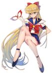  1girl aino_minako aruterra bishoujo_senshi_sailor_moon blonde_hair blue_eyes blush bow choker crop_top crossed_legs earrings gloves hair_bow half_updo hand_on_hip highres invisible_chair jewelry long_hair looking_at_viewer magical_girl mask mask_removed midriff pleated pleated_skirt sailor_collar sailor_v shoulder_pads simple_background sitting skirt smile solo very_long_hair white_background 