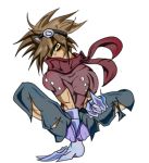  1boy brown_eyes brown_hair claws goggles goggles_on_head lowres metal_claws paralove scarf short_hair solo white_background 