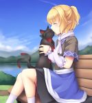  1girl arm_warmers bench blonde_hair blue_sky closed_eyes clouds commentary_request gomi_(gomitin) kaenbyou_rin kaenbyou_rin_(cat) kiss lake mizuhashi_parsee mountain nekomata pointy_ears scarf shirt short_sleeves sitting skirt sky touhou 