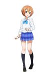  1girl black_legwear blush bracelet hoshizora_rin iyakun jewelry looking_at_viewer love_live!_school_idol_project open_mouth orange_hair ribbon short_hair skirt socks solo white_background yellow_eyes 