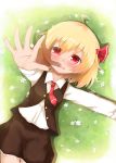  1girl ahoge blonde_hair blush flower from_above grass hair_ribbon koji_(kohei66) long_sleeves looking_at_viewer lying necktie on_back open_mouth outstretched_arm outstretched_hand pink_eyes ribbon rumia shirt skirt skirt_set smile solo touhou vest 