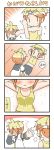  1boy 1girl 4koma bare_arms bare_shoulders bike_shorts blush breasts chemise cleavage collarbone comic covering_eyes flying_sweatdrops heavy_breathing kagamine_len kagamine_rin midriff minami_(colorful_palette) open_mouth sweat training translation_request vocaloid |_| 