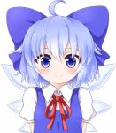  1girl :&lt; :3 animated animated_gif blinking blue_eyes blue_hair blush bow bowtie bust cirno closed_eyes collared_shirt dress emofuri fang hair_bow happy head_tilt ice ice_wings looking_at_viewer mofu_mofu open_mouth pout puffy_short_sleeves puffy_sleeves sad_smile short_hair short_sleeves simple_background solo touhou ugoira white_background wide-eyed wings 