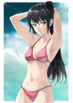 1girl absurdres bikini black_hair blue_eyes highres long_hair original ponytail puma_(hyuma1219) standing swimsuit wet 