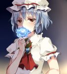  1girl ascot blue_rose brooch dress flower jewelry looking_at_viewer mob_cap puffy_short_sleeves puffy_sleeves red_eyes remilia_scarlet rinarisa rose short_sleeves silver_hair smelling_flower solo touhou white_dress 