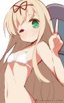  1girl 9law bikini blonde_hair blush highres kantai_collection long_hair looking_at_viewer navel one_eye_closed small_breasts smile swimsuit v wink yuudachi_(kantai_collection) 