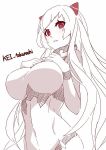  1girl airfield_hime blush breast_suppress breasts horns kantai_collection large_breasts lineart long_hair red_eyes shinkaisei-kan simple_background solo spot_color standing takanashie twitter_username very_long_hair white_background white_hair 
