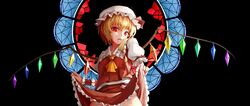  1girl blonde_hair flandre_scarlet hat mr_cloud open_mouth red_eyes short_hair side_ponytail skirt skirt_lift skirt_set solo stained_glass touhou wings 