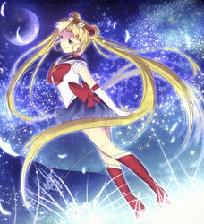  1girl bishoujo_senshi_sailor_moon bishoujo_senshi_sailor_moon_crystal blonde_hair blue_eyes blue_skirt boots bow choker circlet double_bun dutch_angle elbow_gloves floating_hair gloves hair_ornament hairclip knee_boots long_hair pleated_skirt red_boots sailor_moon skirt smile solo suzune_kotora tsukino_usagi twintails very_long_hair white_gloves 